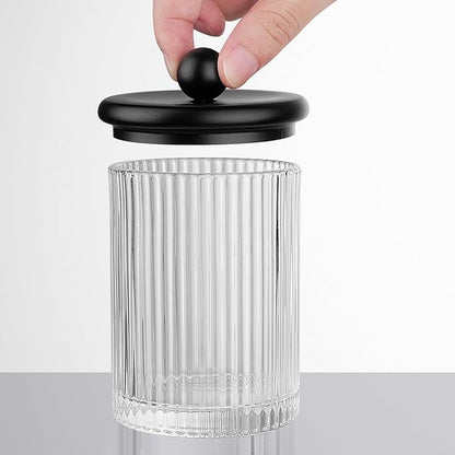 SheeChung 4-Pack Black Ribbed Glass Qtip Holder - Apothecary Jars Bathroom Organizer Set with Lids - Vanity Storage Canisters for Cotton Balls, Pads, Swabs, Floss Picks - Modern Farmhouse