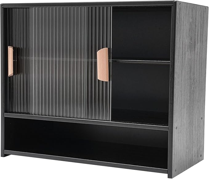 OUKANING 3 Tiers Small Bamboo Kitchen Pantry Sideboard with 2 Sliding Striped Glass Doors, Freestanding Kitchen Pantry Cabinet for Bottle, Dish, Bowl Console Dining Cupboard, Black