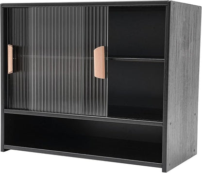 OUKANING 3 Tiers Small Bamboo Kitchen Pantry Sideboard with 2 Sliding Striped Glass Doors, Freestanding Kitchen Pantry Cabinet for Bottle, Dish, Bowl Console Dining Cupboard, Black