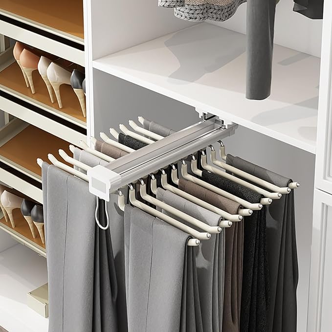 Pull Out Pants Rack,22 Arms Steel Pull Out Pants Rack Pants Hanger Bar Clothes Organizers for Closet for Space Saving and Storage Maximum Load 33lbs 23.2x18.1x3.7inch (Beige)