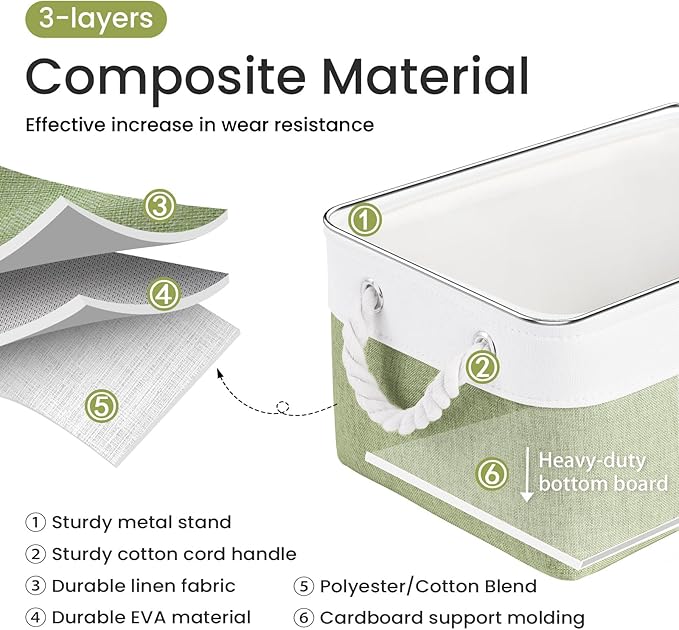 Storage Baskets for Shelves 13.8x9.8x6.7 Inch, Foldable Fabric Storage Bins with Handles, Small Storage Baskets for Organizing Closet, Office, Home Organization (6-Pack, White&Green)