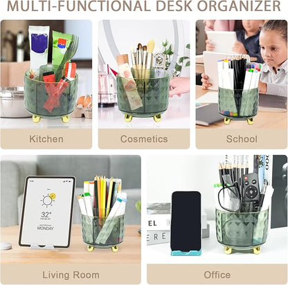 SAYEEC Pen Holder for Desk 6 Slots Rotating Makeup Brush Organizer Toothbrush Hairbrush Holder Versatile Desk Skincare Cosmetic Organizer Pencil Cup Pot Art Supply Caddy for Vanity Office, Dark Green