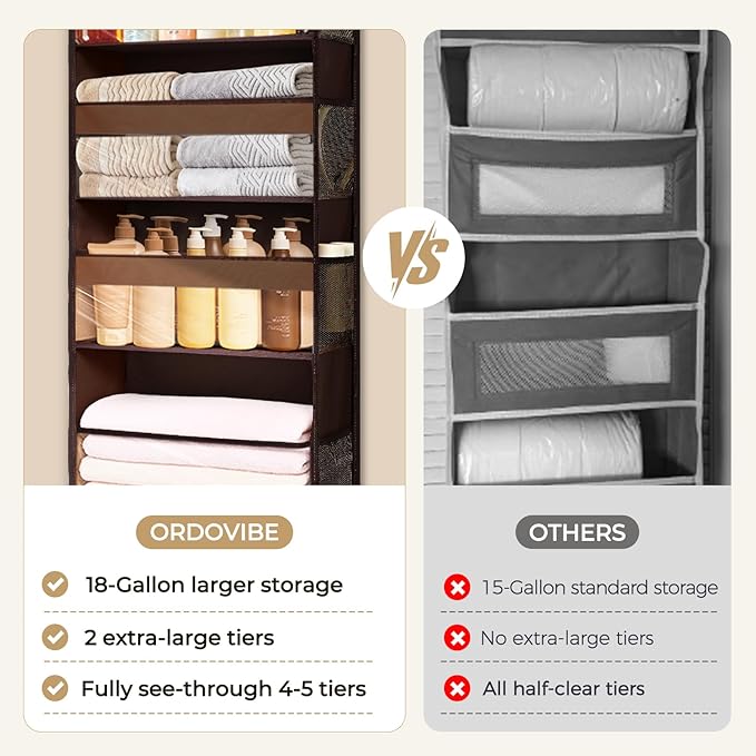 5 Tiers Over Door Organizer with 10 Mesh Side Pockets, 44 lbs Weight Capacity Hanging Storage Organizer with Clear Window Kids Toys, Shoes, Diapers, Dark Brown