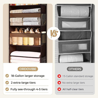 5 Tiers Over Door Organizer with 10 Mesh Side Pockets, 44 lbs Weight Capacity Hanging Storage Organizer with Clear Window Kids Toys, Shoes, Diapers, Dark Brown
