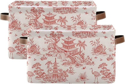 Chinoiserie Style Storage Baskets,Decorative Collapsible Rectangular Canvas Fabric Storage Bin for Home, 2PACK