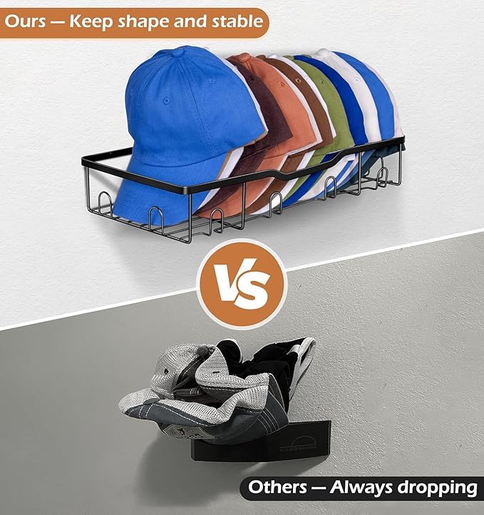 KEETDY Metal Hat Racks for Baseball Caps Wall Hat Organizer Fit 48 Caps Holder, 2 Packs Sturdy Wall Mounted Hat Storage Organizer, Black, Patent: US D1,041,201 S