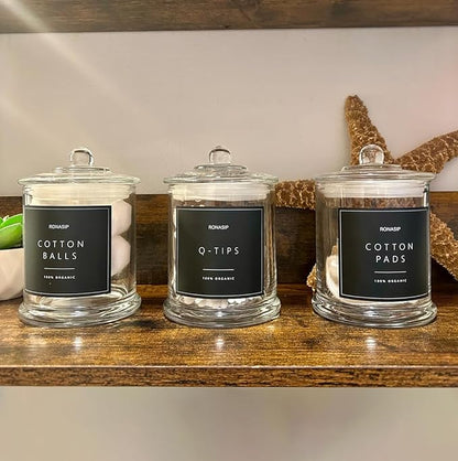 Ronasip 3 Pack Qtip Holder Dispenser, 16oz Bathroom Organizer and Storage Canisters, Glass Apothecary Jars with Lid - Home Decor, Room Decor Aesthetic(Transparent)