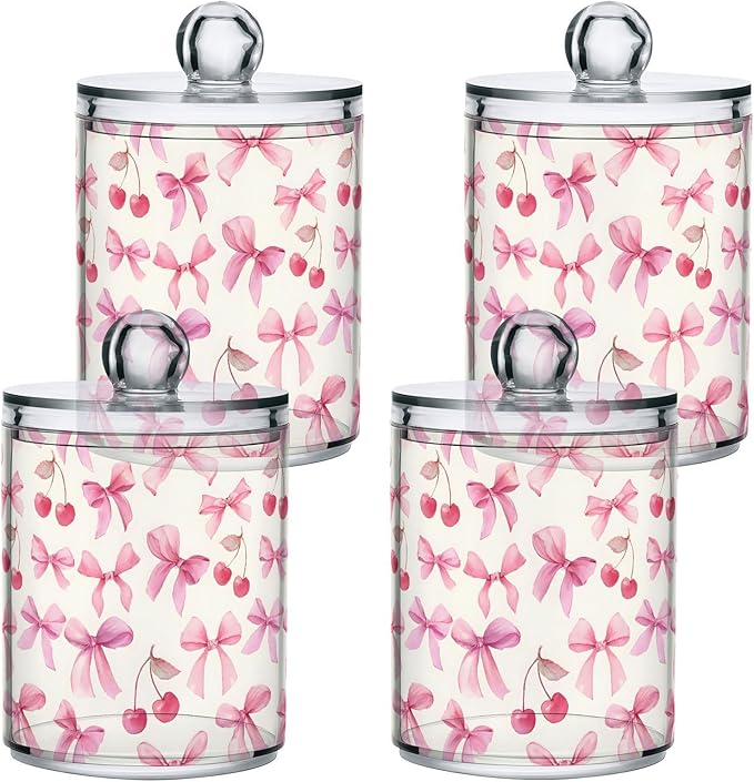 ALAZA 4pcs Watercolor Bow Cherry Qtip Holder Dispenser 14 oz Bathroom Storage Clear Apothecary Jars Containers Cotton Ball,Cotton Rounds,Floss Picks, Hair Clips, Food