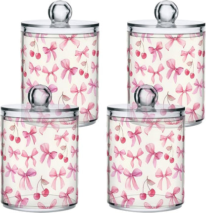 ALAZA 2pcs Watercolor Bow Cherry Qtip Holder Dispenser 14 oz Bathroom Storage Clear Apothecary Jars Containers Cotton Ball,Cotton Rounds,Floss Picks, Hair Clips, Food