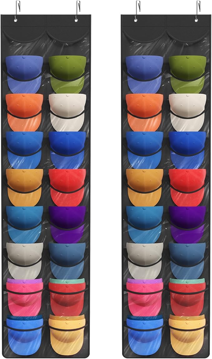 Lifewit Over The Door Hat Organizer for Baseball Caps, 18 Clear Deep Pockets Hat Rack Stand with 2 Hooks, Hanging Hat Storage, Cap Holder Hat Hanger for Protection and Display, 2 Pack