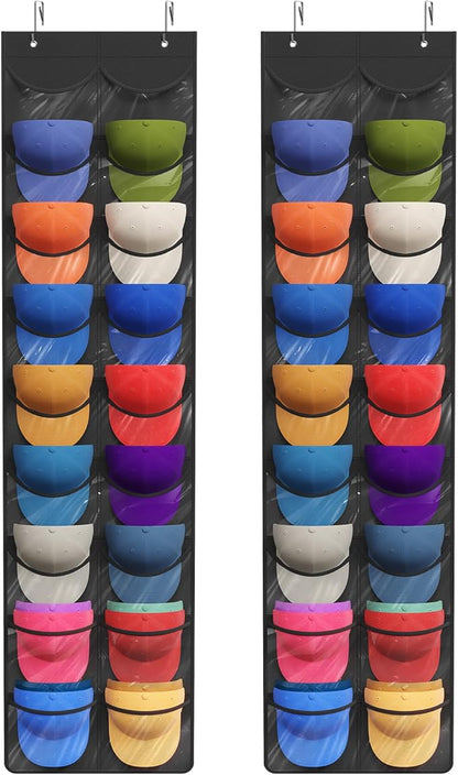 Lifewit Over The Door Hat Organizer for Baseball Caps, 18 Clear Deep Pockets Hat Rack Stand with 2 Hooks, Hanging Hat Storage, Cap Holder Hat Hanger for Protection and Display, 2 Pack