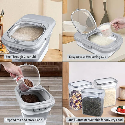 Komzon Rice Storage Container, Collapsible Airtight Food Storage Containers 6-20 Lbs, Rice Dispenser with Measuring Cup and Small Bin for Flour Cereal Pasta Grain, Cat Pet Dog Bird Food Container