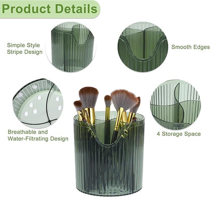VOCOSTE Makeup Brush Cup, Makeup Organizer, 4 Slot Makeup Brush Holder, Cosmetics Storage Cup, for Vanity for Desktop, for Bathroom Countertops, Clear Green
