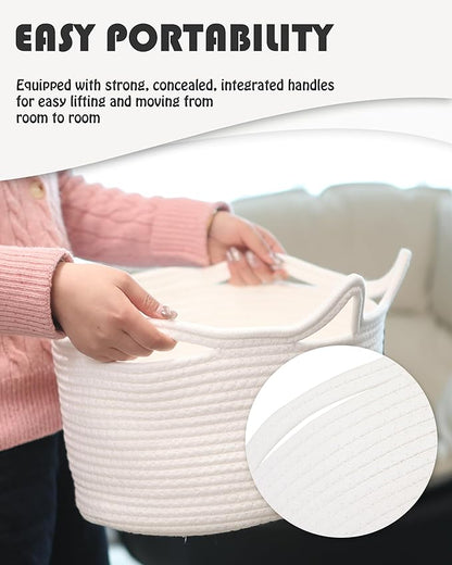 Sea Team Dog Toy Basket with Handles, 16.5 x 11 x 7 Inches, 4.4 Gallons Large Cotton Rope Storage Bin, Box, Shelf Organizer for Pet Chew Toys, Foods, White Woof