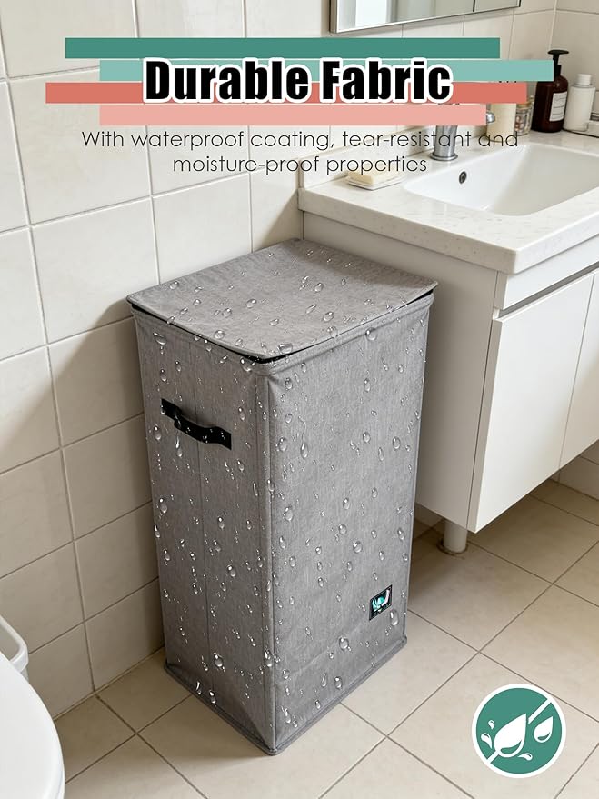 WTREE Laundry Hamper with Lid, Reinforced Sturdy Clothes Hamper with Anti-Puncture Base, Large Collapsible Laundry Basket with Removable Liner Bag, Tall Dirty Clothes Bin for Family, 100L Grey