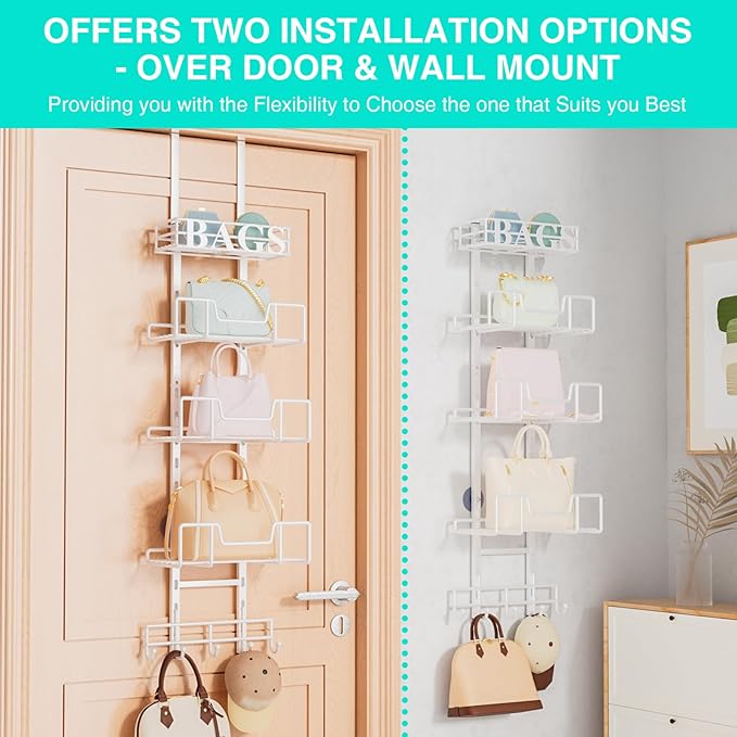 HapiRm Over Door Purse Organizer - Adjustable Purse Storage Rack with Bags Design Metal Basket, Wall Mounted Handbag Organizer, Hanging Handbag Holder, Can Use As 1/2 Part Detachable, White