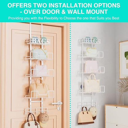 HapiRm Over Door Purse Organizer - Adjustable Purse Storage Rack with Bags Design Metal Basket, Wall Mounted Handbag Organizer, Hanging Handbag Holder, Can Use As 1/2 Part Detachable, White