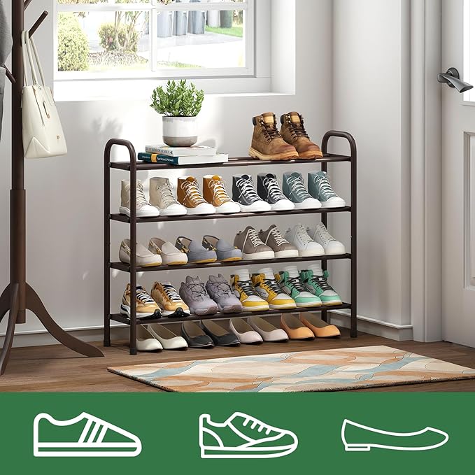 kiplant Metal Shoe Rack, Expandable Metal Shoe Rack for Closet, Entryway & Hallway (Brown, 4-Tier_Long)