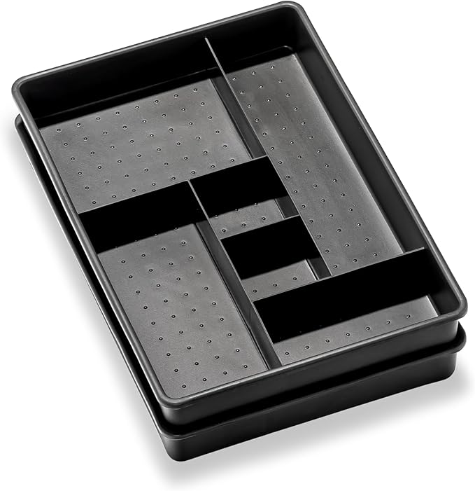 madesmart Two-Piece Drawer Organizer, 12-Compartment Drawer Storage for Utensils, Tools & Household Essentials, Durable Non-Slip Design, Carbon