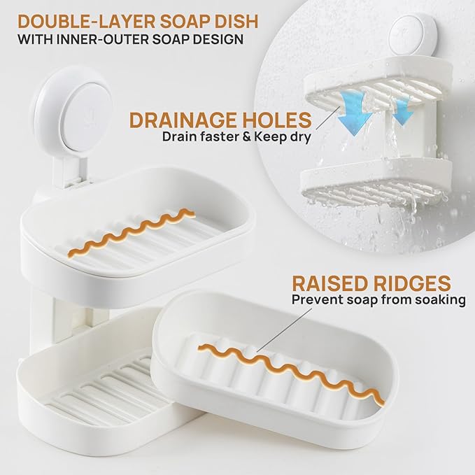 LEVERLOC Soap Dish Holder for Shower, Double Layer Suction Cup Wall Mounte Self Draining Removable Waterproof Strong Suction Bar Soap Holder for Shower, White