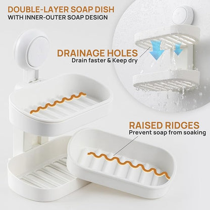 LEVERLOC Soap Dish Holder for Shower, Double Layer Suction Cup Wall Mounte Self Draining Removable Waterproof Strong Suction Bar Soap Holder for Shower, White