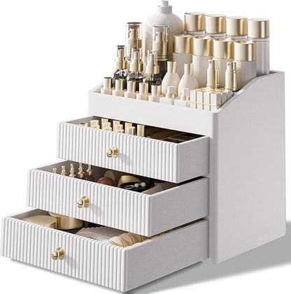 LADSTAG Vanity Organizers,Luxury Skincare Organizer with 3 Tier Drawers,Beige White Large Capacity Cosmetic Organizer Countertop for Makeup Brush,Dresser,Bedroom,Bathroom,Mom Gifts,Mom Birthday Gifts