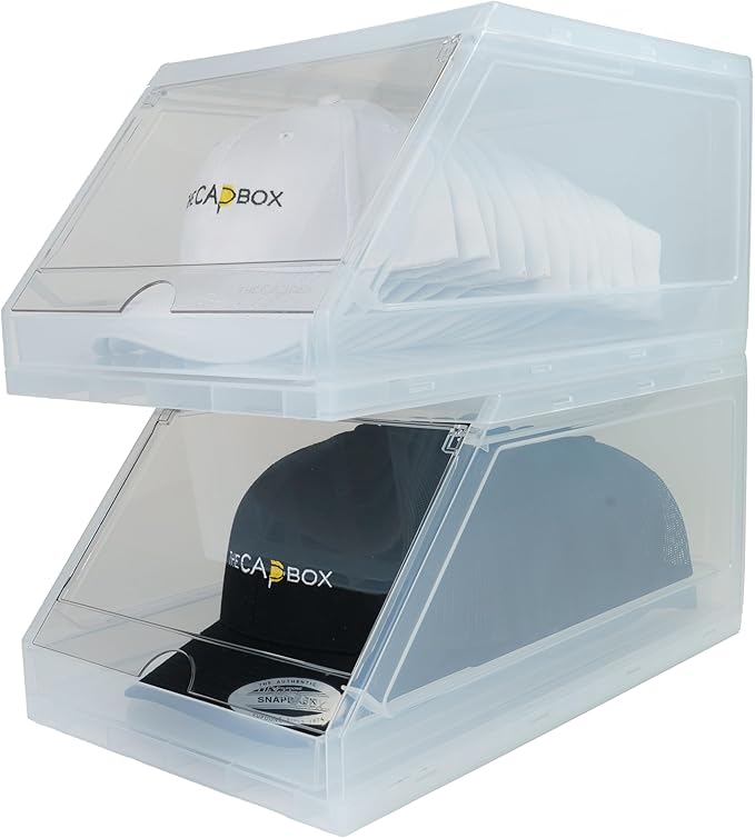 The CapBox 2.0 (2 Pack Clear) Hat Organizer for Baseball Caps, Stackable Sliding Tray Hat Rack & Hat Holder Hat Hanger Cap Storage Container 2 Yr. Warranty Anti Tilting & Tray Stopper (Clear)