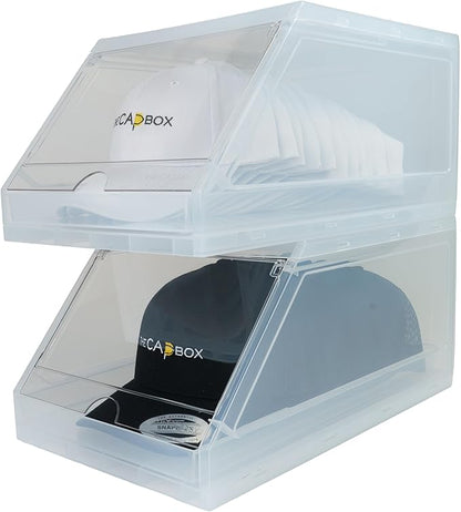 The CapBox 2.0 (2 Pack Clear) Hat Organizer for Baseball Caps, Stackable Sliding Tray Hat Rack & Hat Holder Hat Hanger Cap Storage Container 2 Yr. Warranty Anti Tilting & Tray Stopper (Clear)