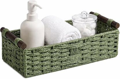 Sage Green Woven Bathroom Basket with Wood Handles — Toilet Paper Storage Organizer, Green Wicker Back of Toilet Basket, Boho Sage Green Bathroom Decor Tray for Tank Top or Shelf