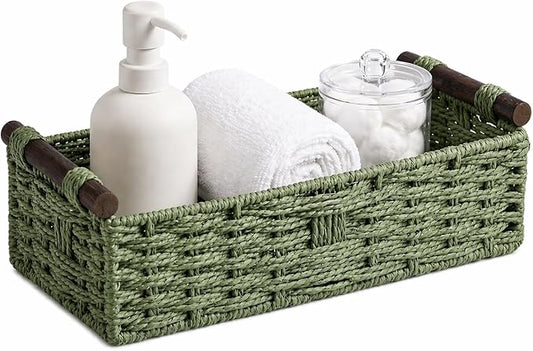 Sage Green Woven Bathroom Basket with Wood Handles — Toilet Paper Storage Organizer, Green Wicker Back of Toilet Basket, Boho Sage Green Bathroom Decor Tray for Tank Top or Shelf