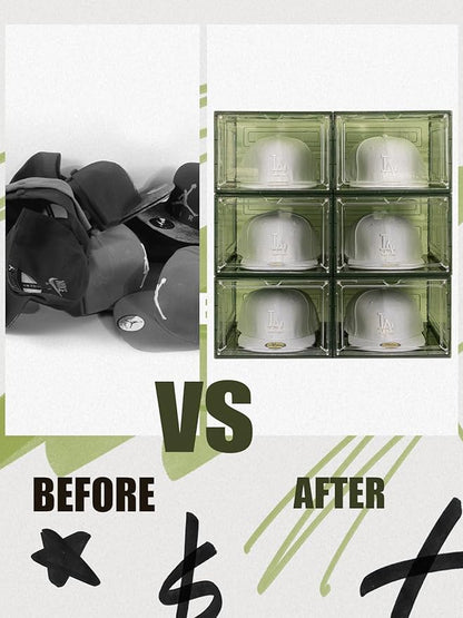 SCAVATA 6 Pack Hat Organizer Box, Stackable Clear Baseball Caps Holder Box Containers with Magnetic Door for Hats Snapback Cap Storag, Hat Rack Display Case, Holds 8 Hats Each (Green)