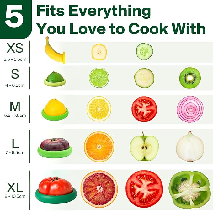 Food Huggers 5pc Reusable Silicone Food Savers | BPA Free | Plastic Free Food Storage | Dishwasher Safe | Fruit & Vegetable Storage for Onion, Tomato, Lemon, Banana & Cans | Round, Fresh Greens