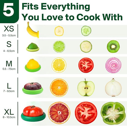 Food Huggers 5pc Reusable Silicone Food Savers | BPA Free | Plastic Free Food Storage | Dishwasher Safe | Fruit & Vegetable Storage for Onion, Tomato, Lemon, Banana & Cans | Round, Fresh Greens