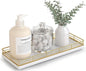 Bathroom Tray for Counter Top Organizer – Oak Wood Vanity Tray with Metal Frame for Dresser, Kitchen, Nightstand – Gold & White Decorative Storage