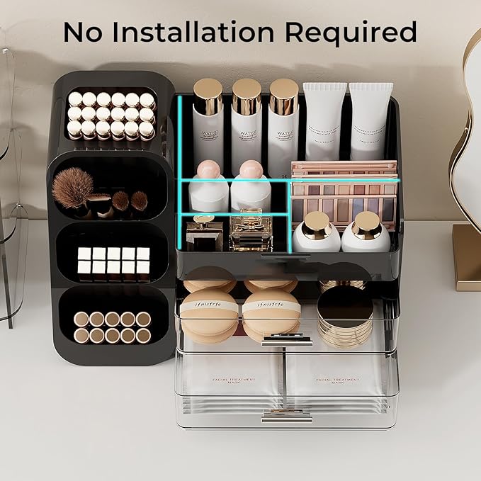 Makeup Organizer for Vanity with Brush Holder, Large Capacity Bathroom Countertop Skincare Organizer with 2 Drawers, Cosmetic Display Case for Perfumes, Eyeshadow Palettes, Nail Polishes