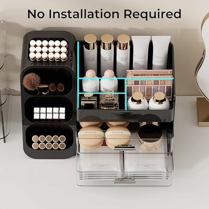 Makeup Organizer for Vanity with Brush Holder, Large Capacity Bathroom Countertop Skincare Organizer with 2 Drawers, Cosmetic Display Case for Perfumes, Eyeshadow Palettes, Nail Polishes