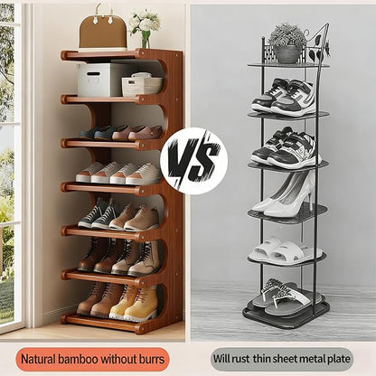 39" Bamboo Shoe Rack - Vertical Shoe Organizer Rack for Small Space, Narrow Shoe Tower for Closet, Entryway, Corner, Tall Shoe Shelf with Removable Shelves, Flexible Storage Shelf for Saving Space