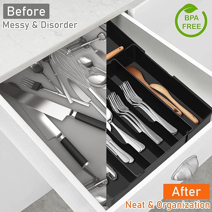 Spaclear Large Kitchen Silverware Organizer - Expandable 17.2" x 17.9" Adjustable Drawer Tray, 4-7 Compartments for Maximum Storage, BPA-Free, Black,L