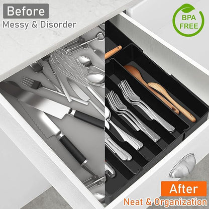 Spaclear Large Kitchen Silverware Organizer - Expandable 17.2" x 17.9" Adjustable Drawer Tray, 4-7 Compartments for Maximum Storage, BPA-Free, Black,L