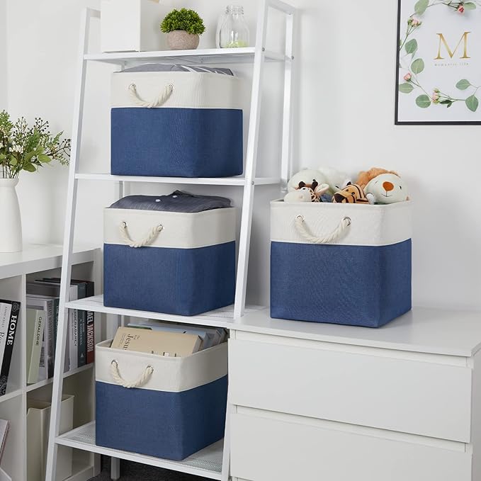 Temary Fabric Storage Cubes for Organizing 4Pack Blue Fabric Storage Basket 12 Inch Cube Storage Bins with Handles for Organizing Toys, Shelf Baskets for Home Office Closet (White&Blue)