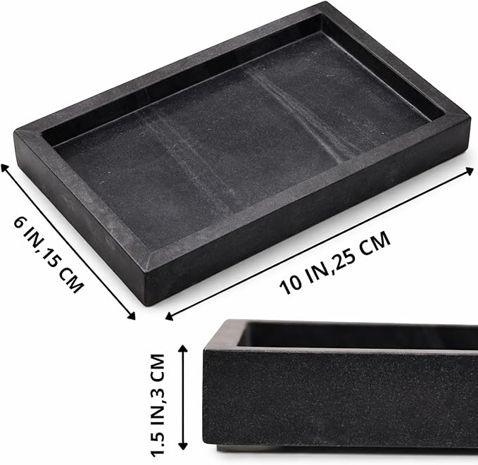 Natural Black Marble Tray for Bathroom | Kitchen | Vanity | Desktop, Stone Organizer for Coffee Table, Dresser, Nightstand, Candles, Soap, Towel, Plant, Jewelry (10" x 6"), Rectangular