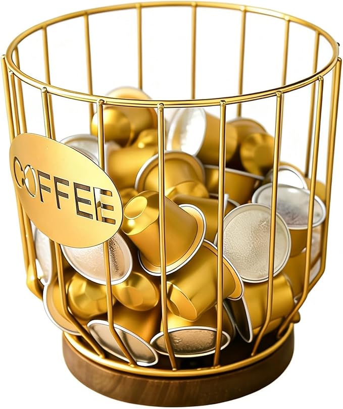 Coffee Pod Holders for Counter, K-Cup Holder, Metal Coffee Pod Basket, Espresso Pods Organizer, Coffee Station Accessories (Gold Plating)