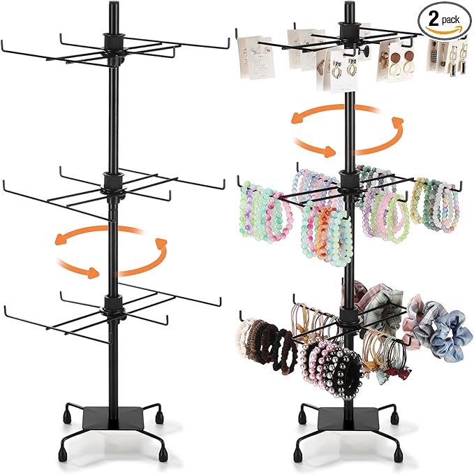 RattanView 2 Pcs Jewelry Rotating Display Stand Adjustable Metal Earrings Bracelet Display Rack Hanging Jewelry Spinning Organizer Tree with Hooks for Vendor Events Selling(3 Tier,Black)