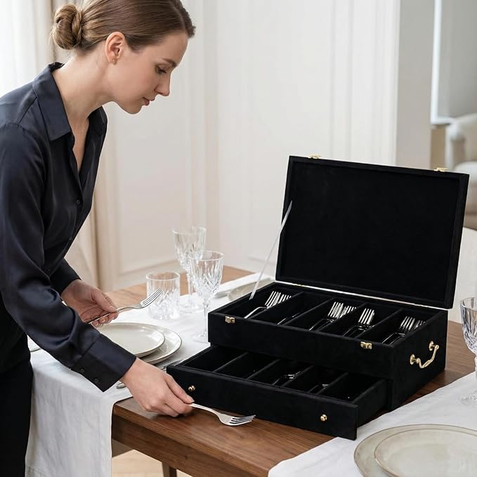Pickmesh Silverware Case with Lid and Handle, Silverware Storage Box Sterling Silver Flatware Chest Without Silver Tarnish Proof Utensils Organizer for Kitchen Decor Wedding Gifts (Black,2 Layer)