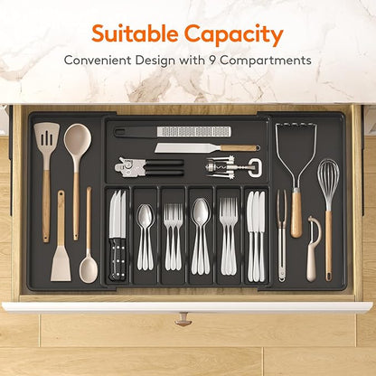 Lifewit Silverware Drawer Organizer, Expandable Utensil Tray for Kitchen, BPA Free Flatware and Cutlery Holder, Adjustable Plastic Storage for Spoons Forks Knives, 18- 33 x 18.5", Black