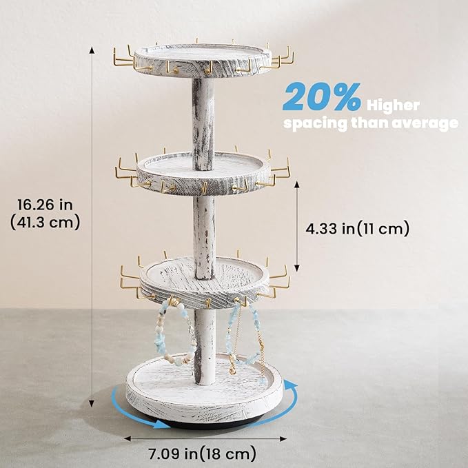 Lolalet 4 Tier Bracelet Holder, Wooden Rotating Bangle Display Stand with 42 Hooks and Tray Base, 360 Degrees Rotatable Rustic Tree Storage for Bracelets Key Chains Small Accessories -White