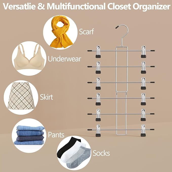 6 Pack Pants & Skirt Hangers Space Saving Hanging Closet Organizer and Storage, Upgrade Skirt Hangers with Clips and 360° Swivel Hook, Closet Storage