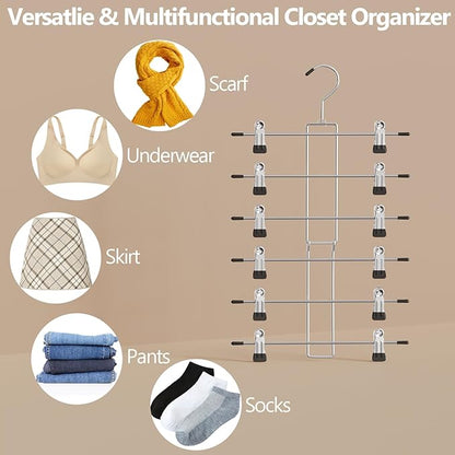 6 Pack Pants & Skirt Hangers Space Saving Hanging Closet Organizer and Storage, Upgrade Skirt Hangers with Clips and 360° Swivel Hook, Closet Storage