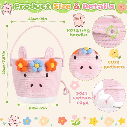 Small Woven Storage Basket with Handle, Cute Cartoon Pig Baskets for Gift Empty, Cotton Rope Storage Basket for Toy Organizer
