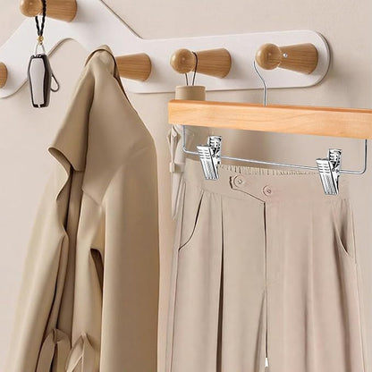 10 Pack Pants Hangers, Wood Clothes Hangers with 2-Adjustable Clips, Solid Wood Skirt Hanger, 360° Swivel Hook, Wooden Hanger for Jeans Shorts Slacks Skirts Trousers, Natural